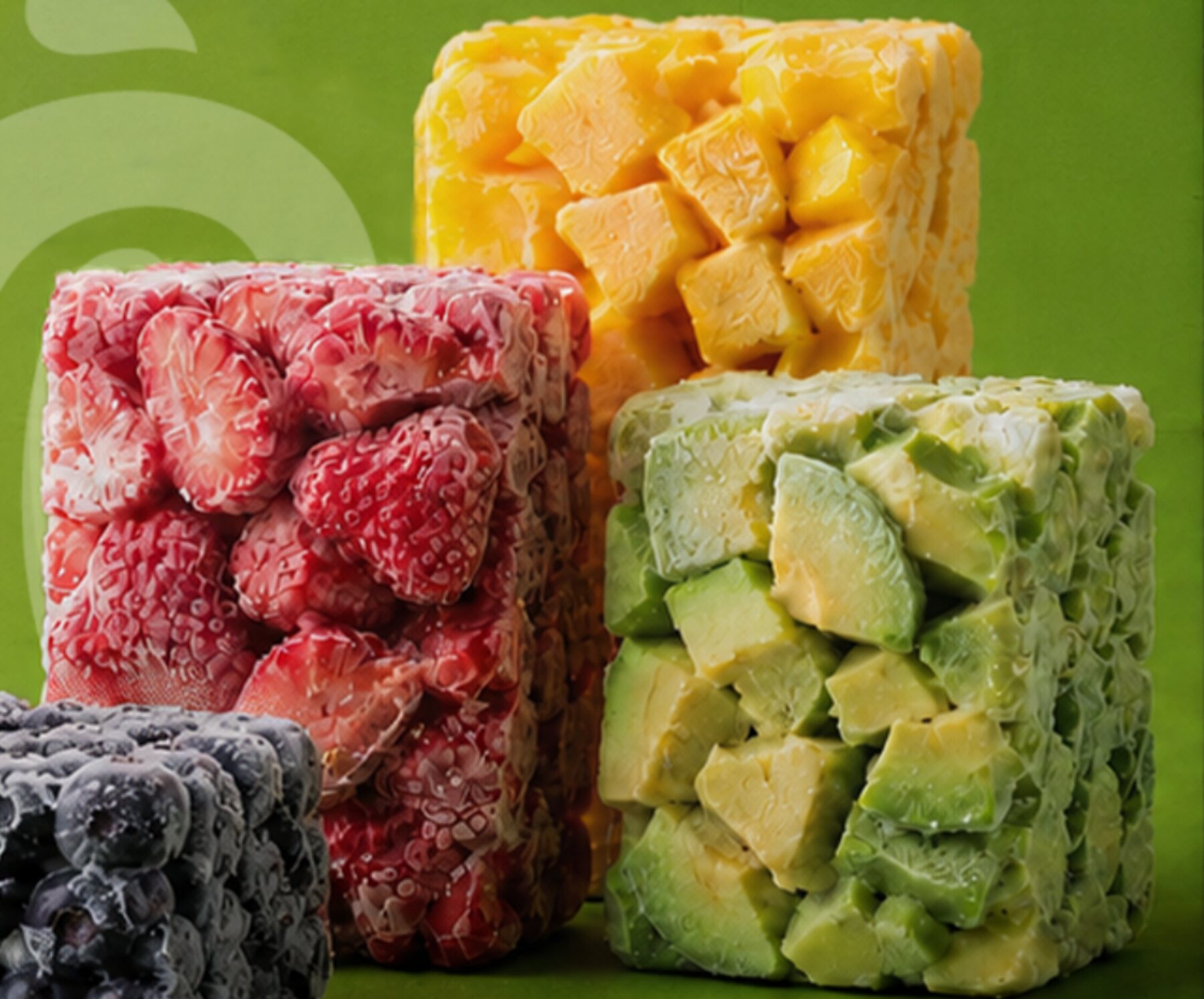 Blocks of frozen strawberries, mango, avocado and blueberries